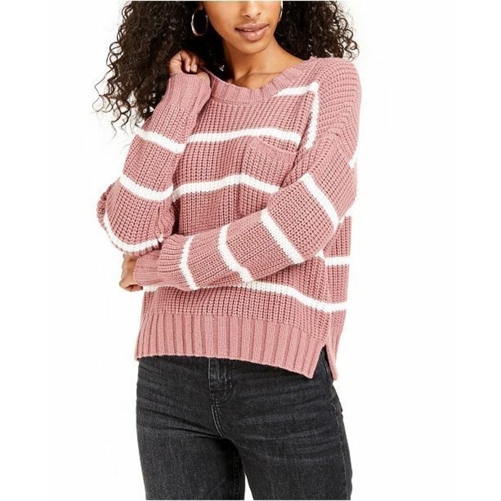 Hippie Rose Juniors Pink Striped Knit‎ Pocket Crew Neck Oversized Sweater SZ XL